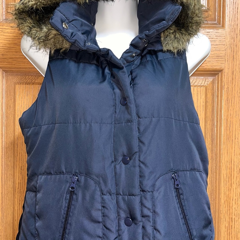 Wet Seal Dark Blue Vest with Faux Fur Hood